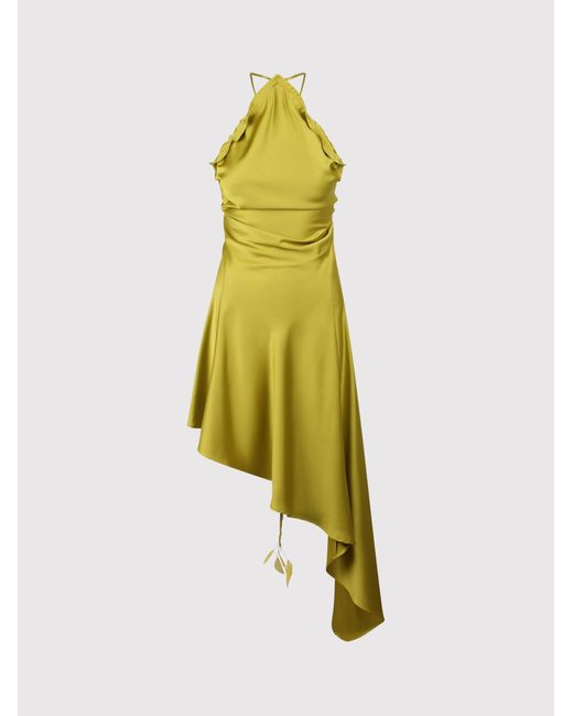 The Attico Yellow Ruched Satin Midi Dress
