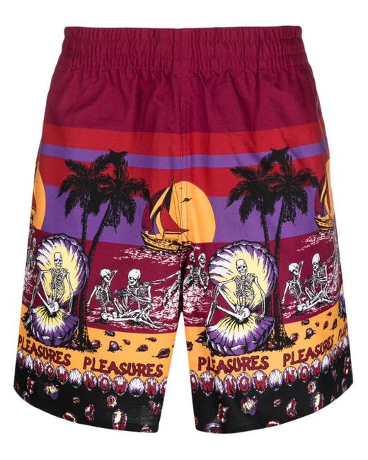 Pleasures Red Beach Printed Shorts for men