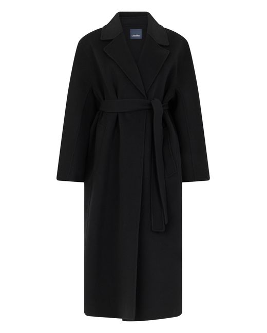 Max Mara Black Long Belted Coat Virgin Wool