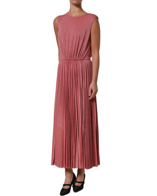 Dolce & Gabbana Red Coral Pink Pleated Sleeveless Max Dress