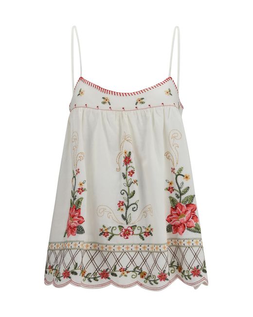 Farm Rio Gray Floral Embroidered Top Linen; Viscose