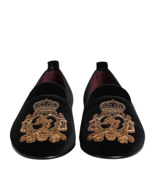 Dolce & Gabbana Black Velvet Crown Loafers Shoes for men