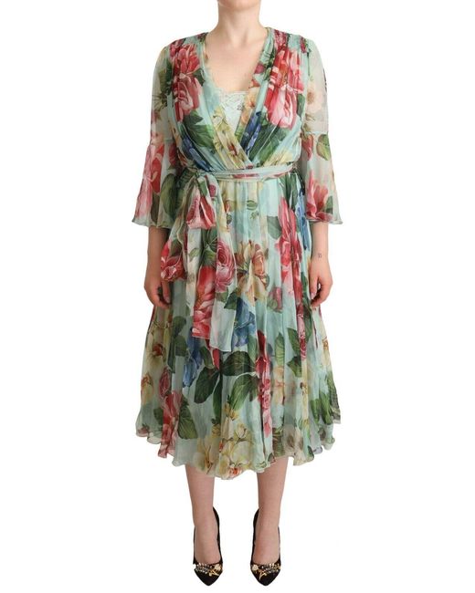 Dolce & Gabbana Green Elegant Floral Midi Silk Dress