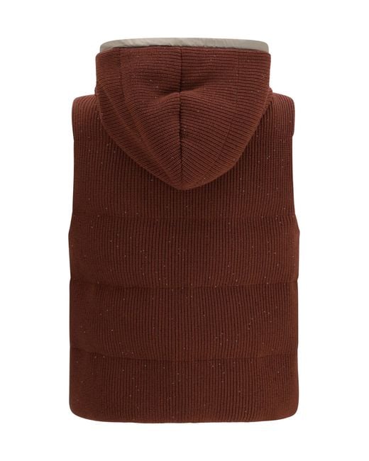 Brunello Cucinelli Brown Hooded Down Vest Cotton; Polyester Blazers & Vests