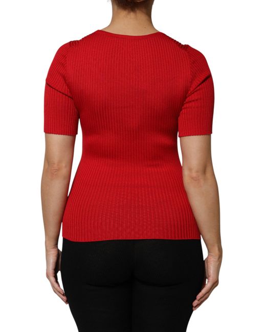 Dolce & Gabbana Red Ribbed Knit Short Sleeve Tee