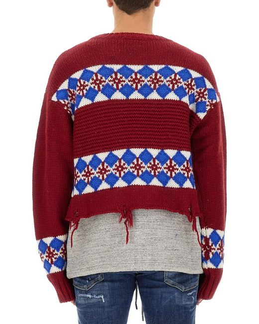 DSquared² Red Jacquard Knit Sweater Wool Jumpers for men