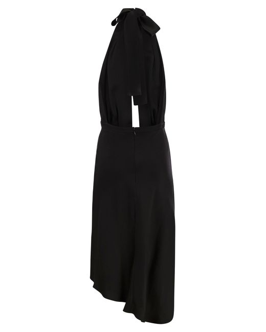 Elisabetta Franchi Black Satin Midi Dress With Asymmetric Skirt