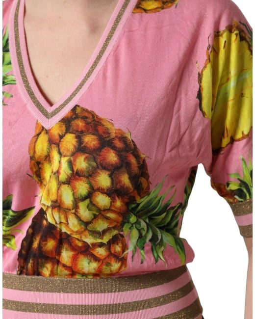 Dolce & Gabbana Black Pink Pineapple Vneck Short Sleeve Cropped Top