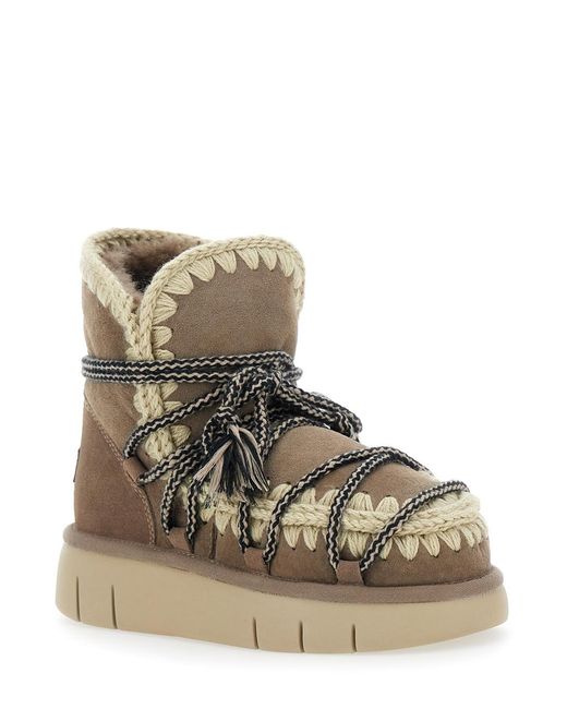 Mou Natural Ankle Boots With Lace Closure And Tassel Detail