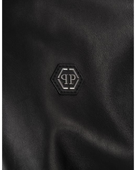 Philipp Plein Black Leather Bomber Jacket With Pp Hexagon for men