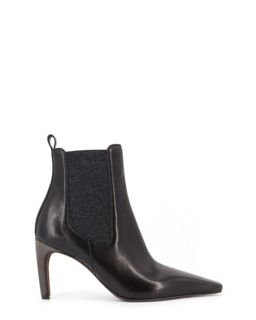 Brunello Cucinelli Black Leather Boots With Monili Detail On The Heel