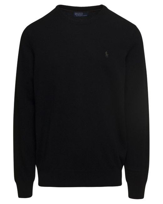 Ralph Lauren Black Crewneck Sweater With Logo Embroidery In Wool for men