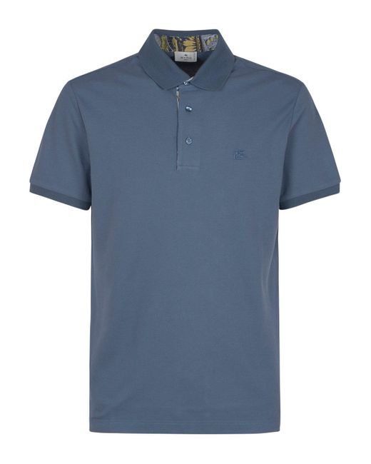 Etro Blue Logo Embroidered Short Sleeved Polo Shirt for men