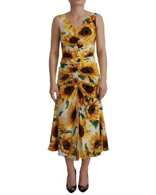 Dolce & Gabbana Black Sunflower Print Sheath Midi Silk Clothing