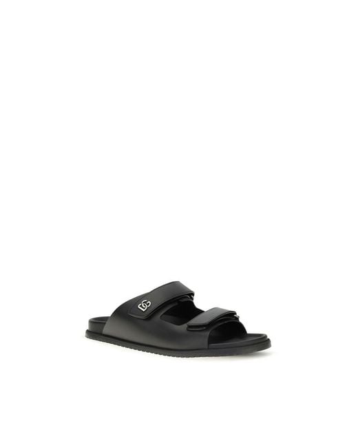 Dolce & Gabbana Black Calf Leather Bos Taurus Flat Sandals for men