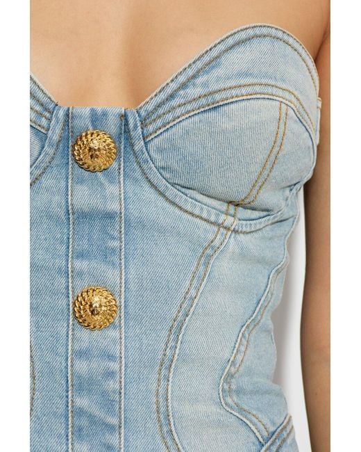 Balmain Blue Strapless Button Detailed Denim Dress