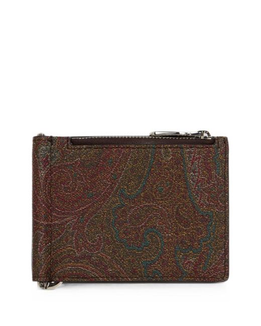 Etro Brown Paisley Jacquard Fabric Bifold Card Holder With Metal Money Clip for men