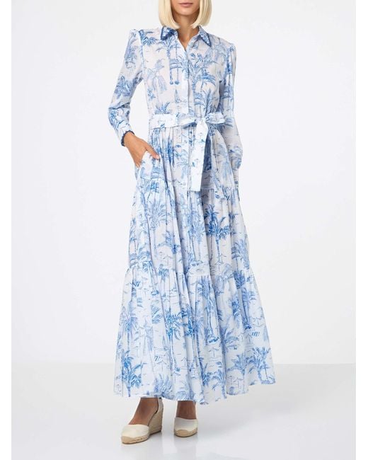 Mc2 Saint Barth Blue Long Dress With Toile De Jouy Print
