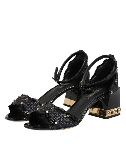 Dolce & Gabbana Black Studded Ankle Strap Sandals Shoes Leather