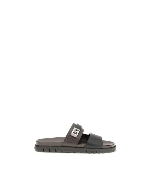 Ferragamo Black Calf Leather Bos Taurus Flat Sandals for men
