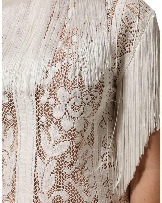 Dolce & Gabbana White Floral Lace Fringe Knee Length Dress
