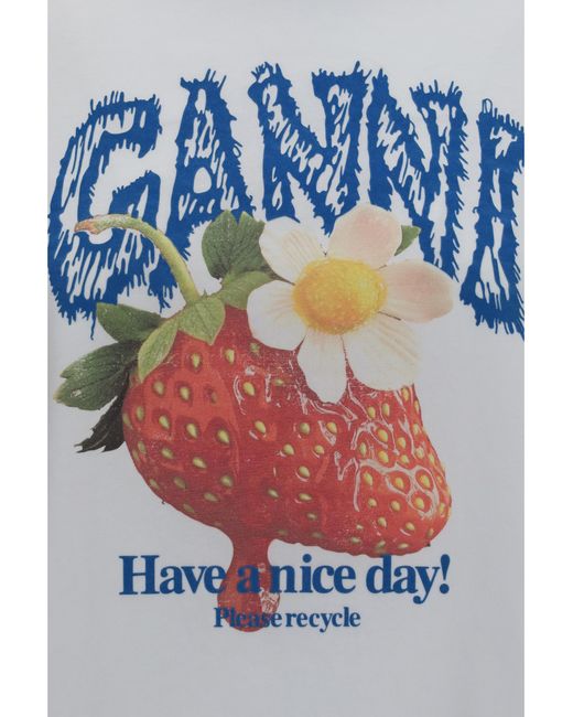 Ganni White Strawberry Long-Sleeve Cotton T-Shirt T-Shirts