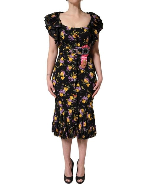 Dolce & Gabbana Black Purple Crystal Brooch Silk Midi Dress