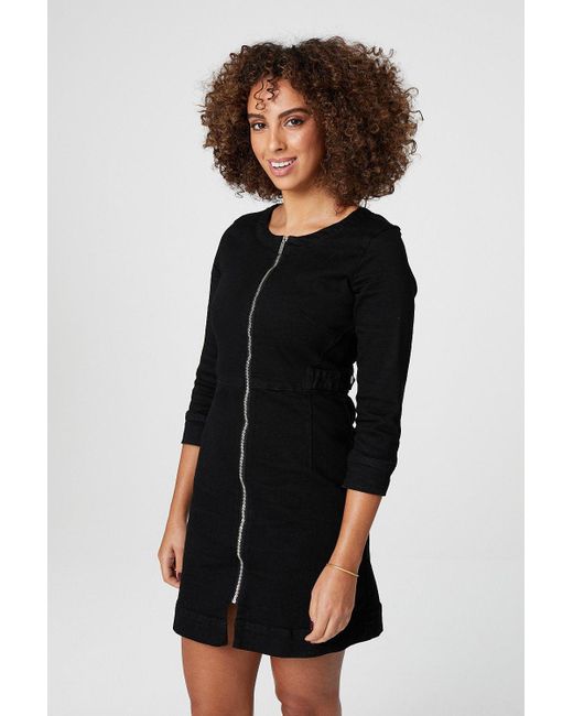 Izabel London Zip Front Collarless Denim Dress in Black | Lyst