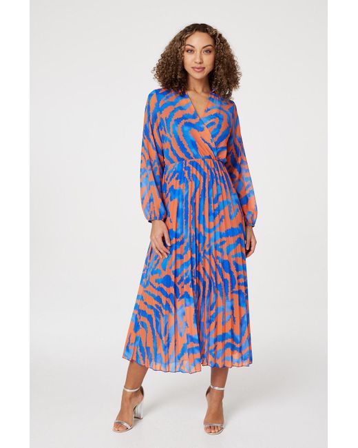Izabel London Zebra Print Pleated Midi Dress in Blue | Lyst UK