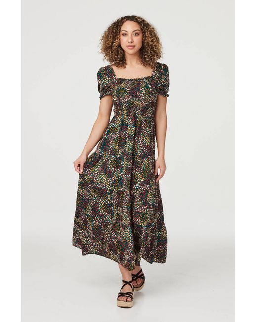 Izabel London Ditsy Print Puff Sleeve Midi Dress in Green | Lyst UK