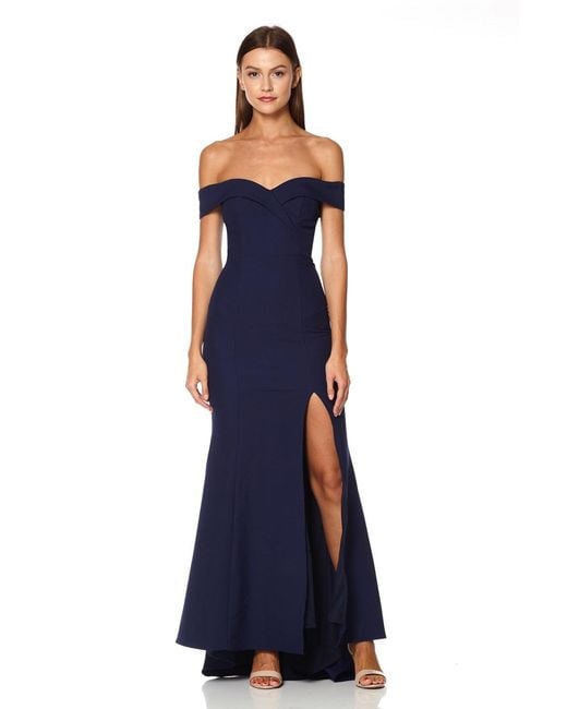 Jarlo Blue Bella Bardot Maxi Dress With Thigh Split And Train