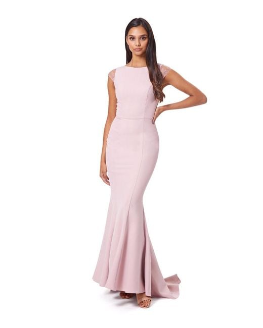 Jarlo Pink Masa Fishtail Maxi Dress With Lace Cap Sleeves And Embroidered Button Back