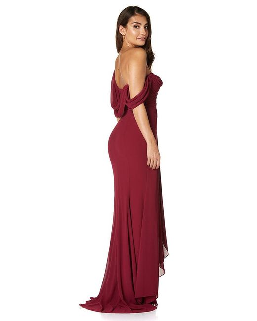 Jarlo Red Paloma Pleated Drape One Shoulder Chiffon Gown