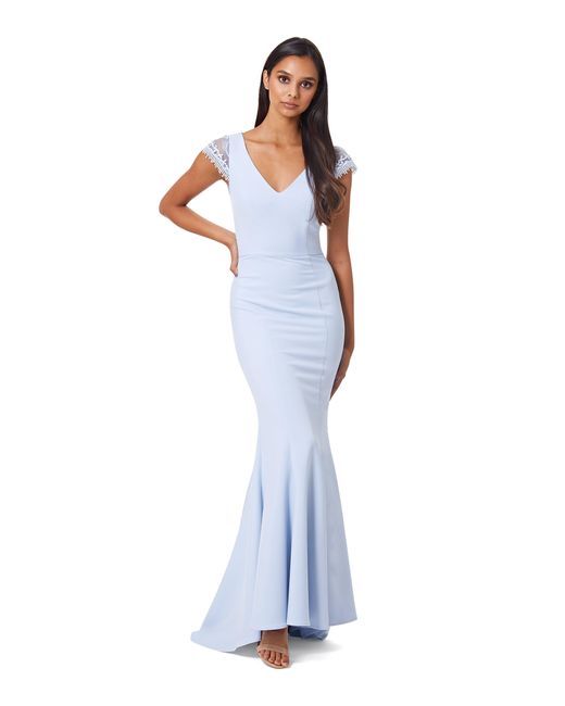 Jarlo Blue Maia V Neck Maxi Dress With Lace Cap Sleeves And Button Open Back