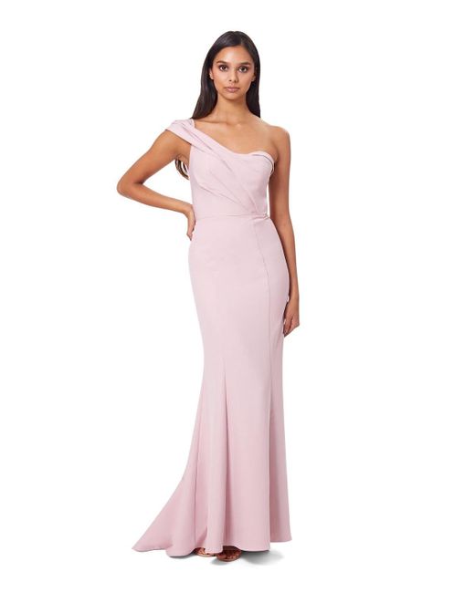 Jarlo Pink Annabelle One Shoulder Fishtail Maxi Dress With Pleated Shoulder Detail