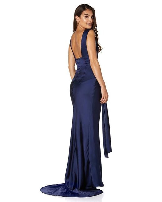 Jarlo Blue Gabriella Cowl Neck Fishtail Gown With Open Back