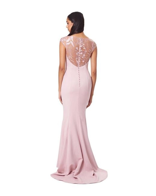 Jarlo Pink Masa Fishtail Maxi Dress With Lace Cap Sleeves And Embroidered Button Back