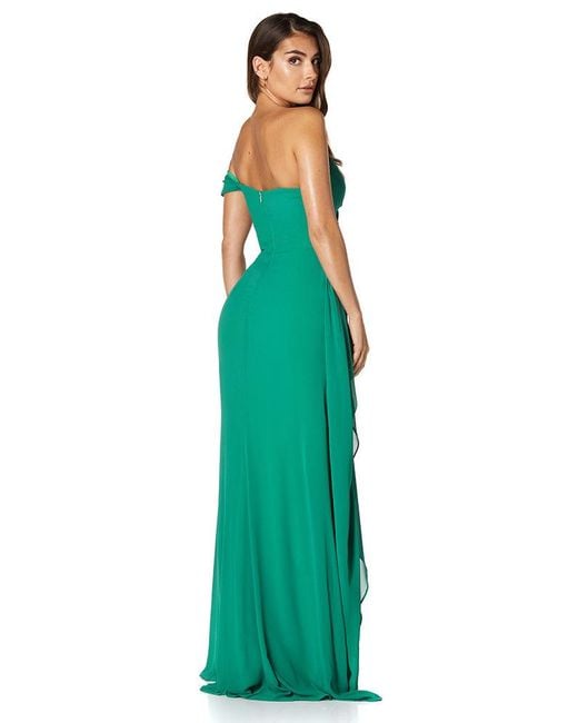 Jarlo Green Emery Chiffon Ruched Maxi Dress With One Shoulder Sleeve