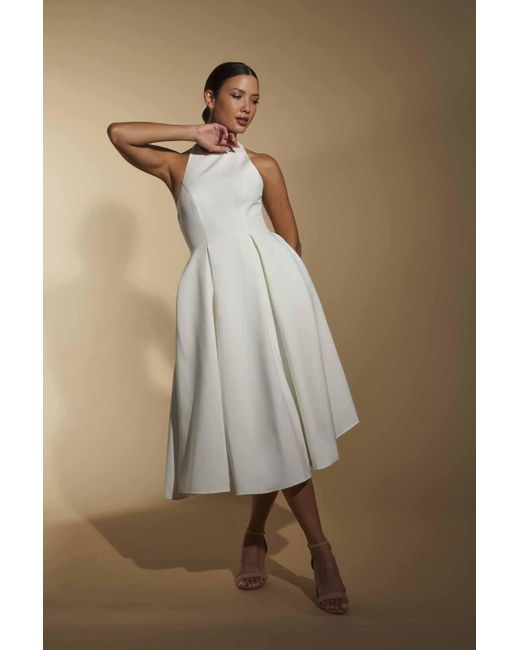 Jarlo Brown Denise Pleated A-Line Midi Dress With Halter Neckline