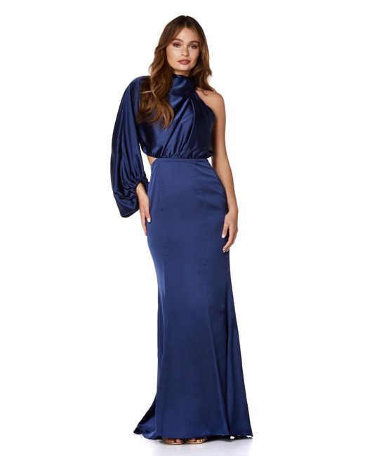Jarlo Blue Izzy One Shoulder High Neck Maxi Dress With Cut Out Detail