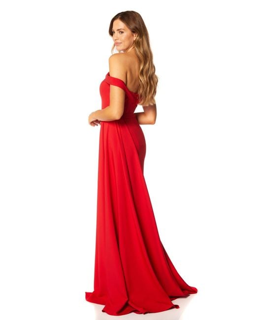 Jarlo Red Monica Off Shoulder Maxi Dress Pleated Side Skirt Drape