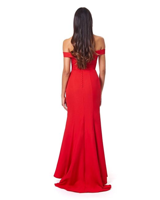 Jarlo Red Bluebell Bardot Maxi Dress With Thigh Split And Button Back