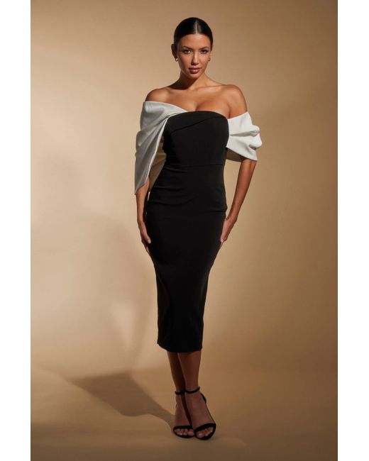 Jarlo Natural Ava Off Shoulder Midi Dress With Sculpted Monochrome Detail