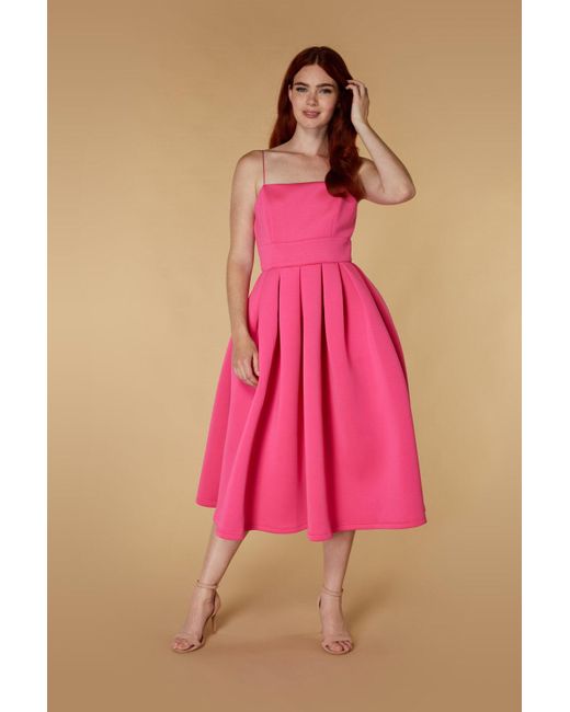 Jarlo Pink Pearl Puff Skirt Scuba Midi Dress With Open Back