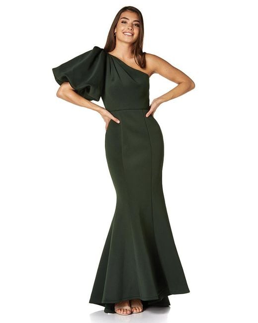 Jarlo Frances One Shoulder Exaggerated Puff Sleeve Scuba Maxi Dress in  Green | Lyst