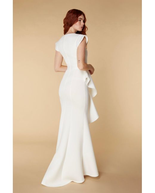 Jarlo Natural Avery Ruffle Frill V Neck Scuba Maxi Dress