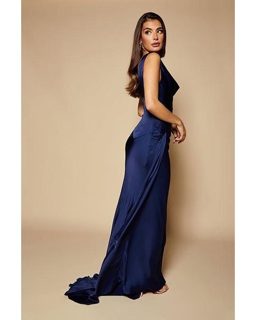 Jarlo Blue Gabriella Cowl Neck Fishtail Gown With Open Back