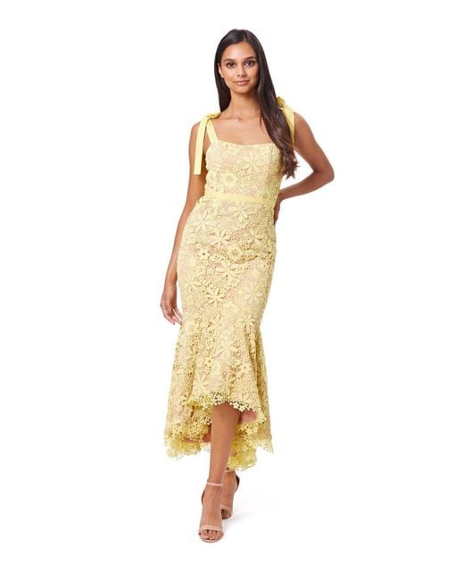 Jarlo Yellow Adelaide All Over Lace Midi Dress With Tie Shoulder Straps
