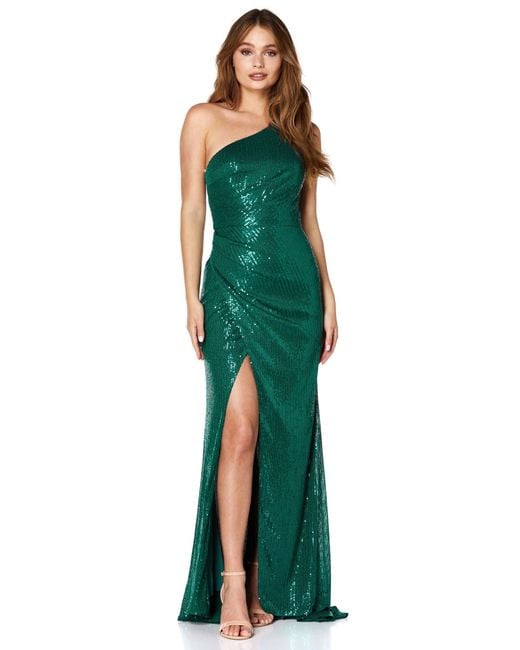 Jarlo Green Lola One Shoulder Sequin Maxi Dress With Pleat Detail