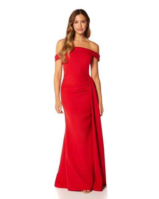 Jarlo Red Monica Off Shoulder Maxi Dress Pleated Side Skirt Drape